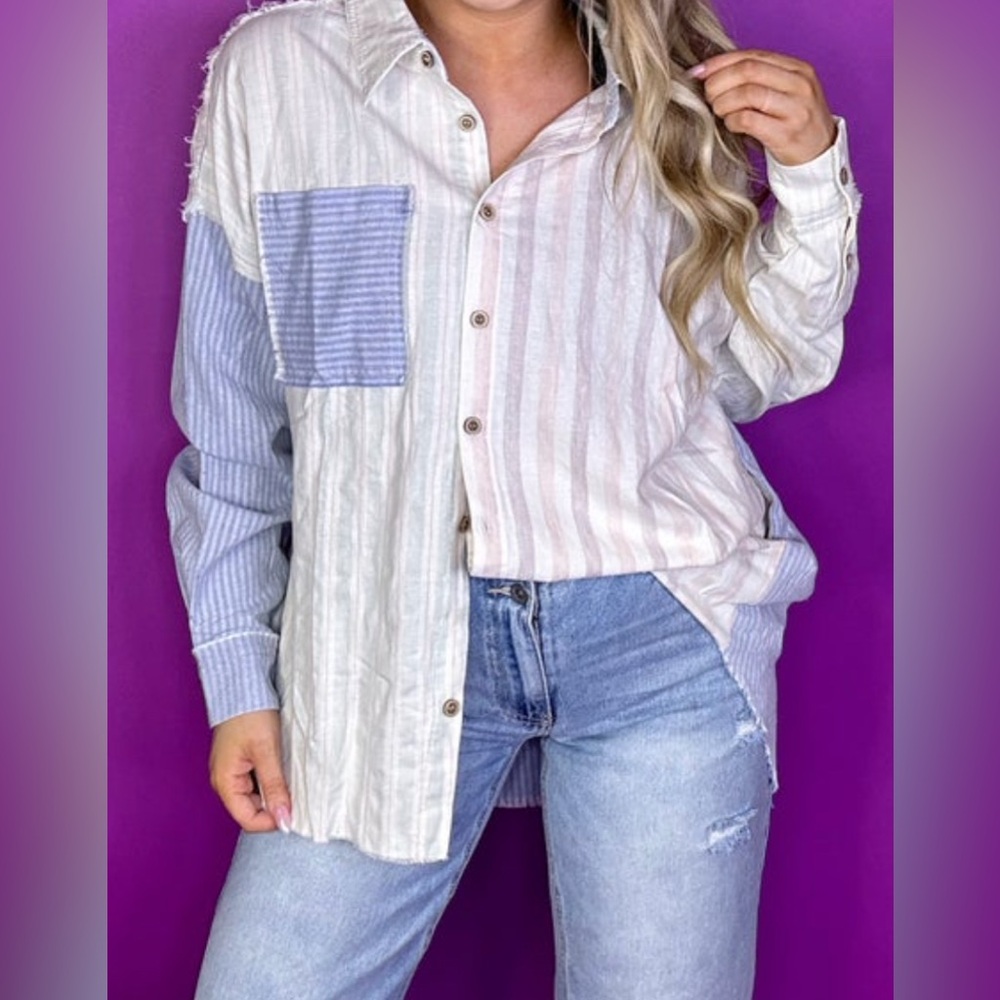 Oli & Hali Striped Button-Up Shirt with raw seams, mixed fabrics